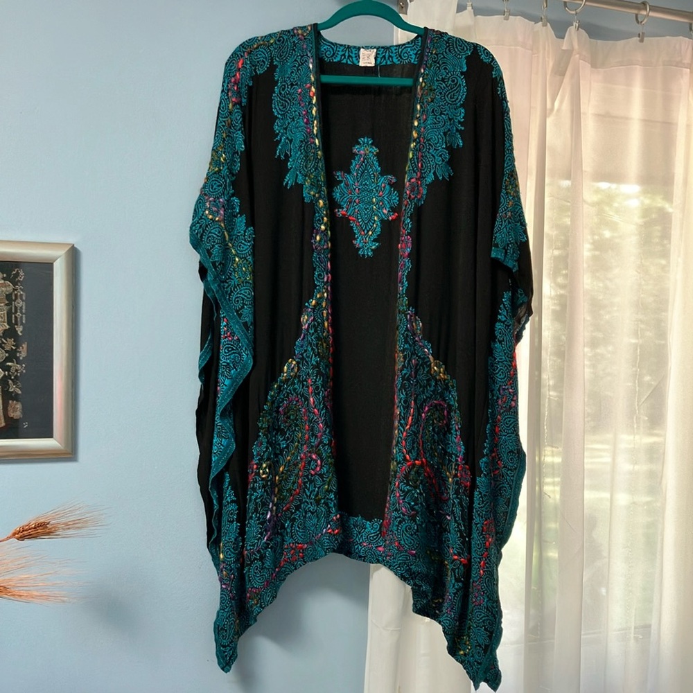 Black & Teal Embroidered Open Kimono Jacket